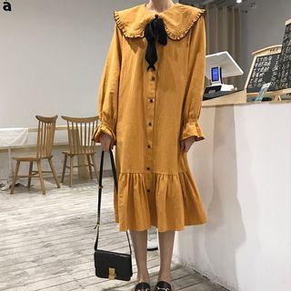 Long-sleeve Frilled Peter Pan Collar Midi Shirtdress