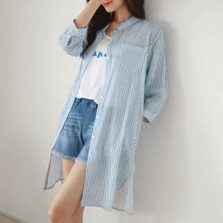 Mandarin-collar Stripe Long Shirt