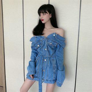 Tie-waist Front Pocket Long Denim Jacket
