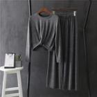 Set: Long-sleeve Twisted Knit Top + Wide Leg Knit Pants