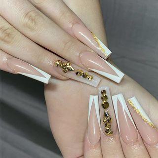 Embellished Pointed Faux Nail Tips Z-153 - Gemstone - Pink & White - One Size