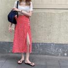 Short-sleeve Top / Floral Print Midi A-line Skirt
