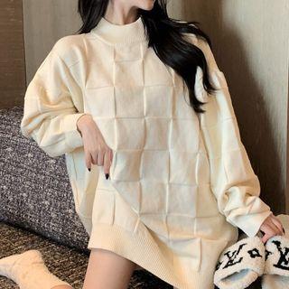 Mock-neck Checkered Sweater White - One Size
