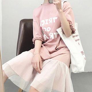 Lettering Short-sleeve Mesh Hem T-shirt Dress