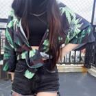 Couple Matching Elbow-sleeve Printed Shirt Dark Green - One Size