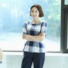 Square-neck Tie-waist Checked Top