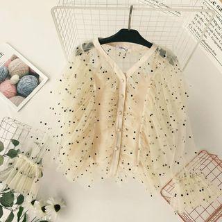 Long-sleeve Dotted Ruffle Mesh Top