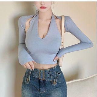 Set: Cropped Cardigan + Halter-neck Knit Camisole Top