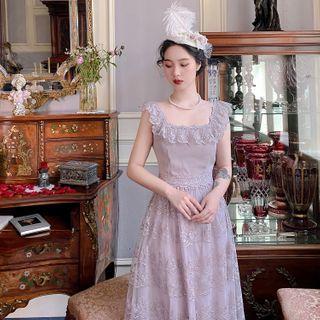 Lace Panel Square-neck Sleeveless Midi A-line Dress