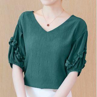 Cross Strap Frilled V-neck Chiffon Top