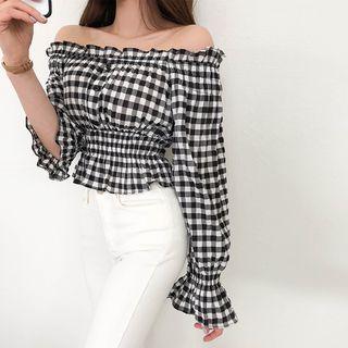 Off-shoulder Crop Gingham Blouse