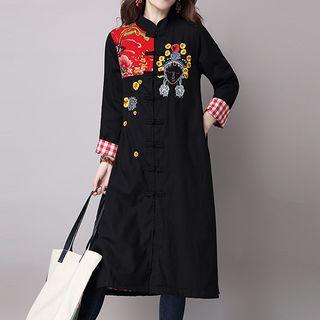 Embroidered Midi Frog-buttoned Coat