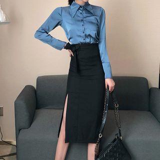 Plain Shirt / Slit-side Midi Skirt