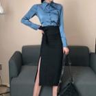 Plain Shirt / Slit-side Midi Skirt