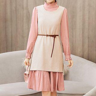 Set: Long Vest + Long-sleeve Stand Collar Dress
