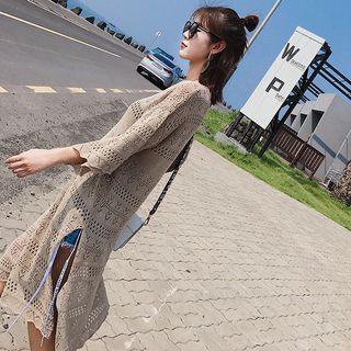 Pointelle 3/4-sleeve Long Sweater