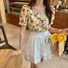 Short-sleeve Floral Print Blouse Yellow & White - One Size