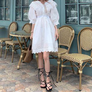 Half-placket Lace-trim Dress Ivory - One Size