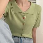 Collared Short-sleeve Buttoned Knit Top