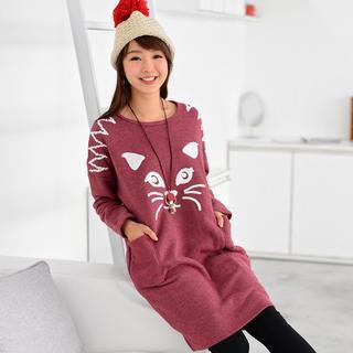 Long-sleeve Cat Pattern Pullover Dress