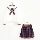 Set: Sailor Collar Blouse + Plaid A-line Skirt