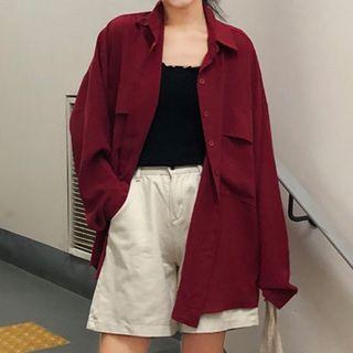 Plain Chiffon Shirt Jacket Red - One Size