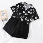 Set: Flower Print Blouse + High-waist Wide-leg Shorts
