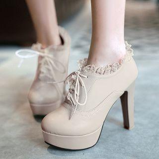 Lace Trim High Heel Lace Up Pumps