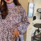 Turtleneck Long-sleeve T-shirt / Floral Long-sleeve Midi A-line Dress