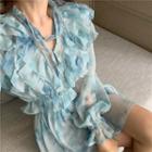 Set: Tie-dye Print Ruffle Trim Long-sleeve Mini A-line Dress + Slipdress