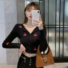Cherry Embroidered Cropped Cardigan Black - One Size