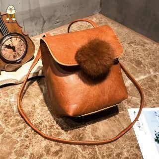 Faux-leather Pompom-accent Backpack