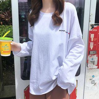Lettering Long-sleeve T-shirt Animal Is Love - White - One Size