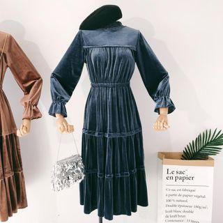 Long-sleeve Mock Neck Midi Tiered Velvet Dress
