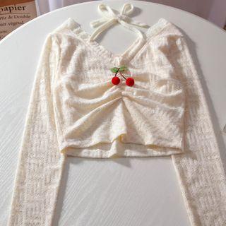 Long-sleeve Halter-neck Cherry Applique Lace Crop Top