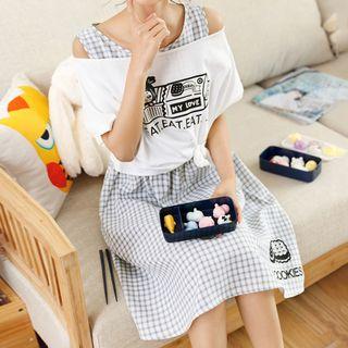 Set: Print Off-shoulder T-shirt + Plaid Sleeveless A-line Dress