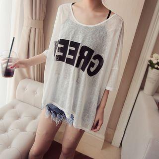 Set: 3/4-sleeve Oversize See-through Lettering T-shirt + Plain Camisole