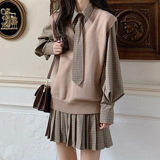 Balloon-sleeve Gingham Shirtdress / V-neck Knit Vest