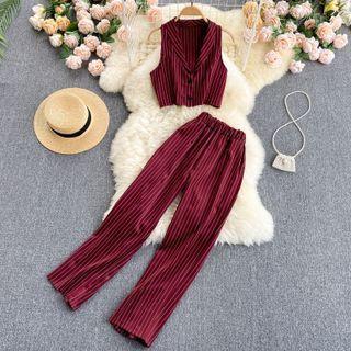 Set Of 2 : V-neck Striped Sleeveless Top + High-waist Wide-leg Pants