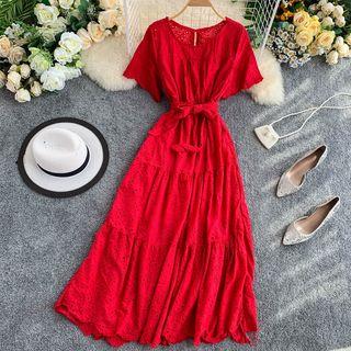 Short-sleeve Sashed Lace A-line Dress