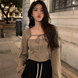 Set: Long-sleeve Tie-strap Cardigan + Camisole Top