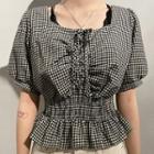 Lace-up Smocked-waist Checked Blouse