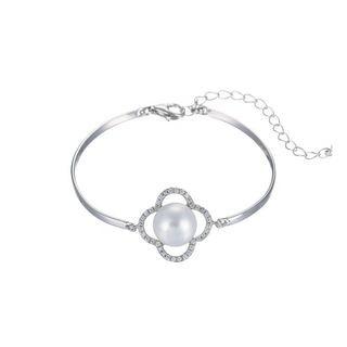 925 Sterling Silver Fashion Simple Four Leaf Clover Freshwater Pearl Bangle Silver - One Size