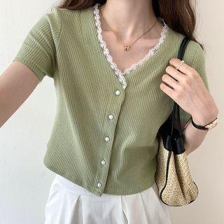 Short-sleeve V-neck Lace Trim Cropped Cardigan Top