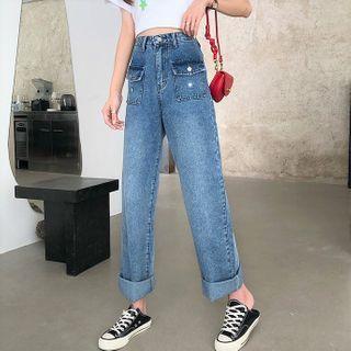 Floral Embroidery Cargo Jeans