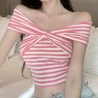 Off-shoulder Striped Crop Top Stripes - Pink & White - One Size