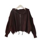 Cropped Frayed Zip Hooded Knit Jacket