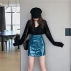 Sweater / Faux Leather A-line Mini Skirt