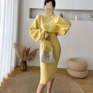 Set: Long-sleeve Cropped Sweatshirt + Knit Midi Sheath Dress
