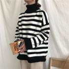 High Neck Striped Loose Sweater Black - One Size